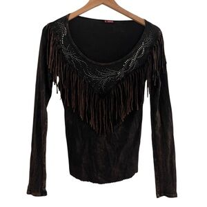 T Party Fashion Women’s Sz S Black Brown Fringe Embellished Long Sleeve Top
